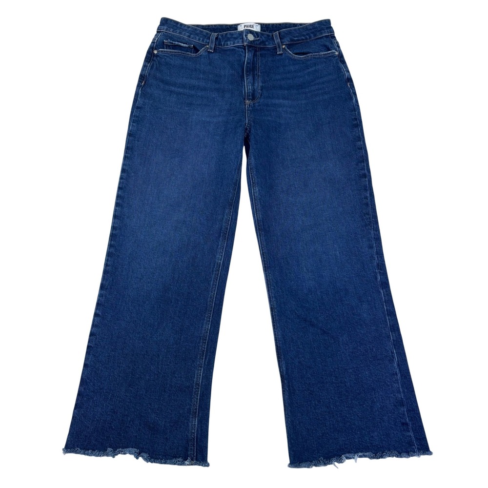 Paige Leenah Ankle Jeans Womens 32 High Rise Wide Leg  Dark Wash Raw Hem Indigo